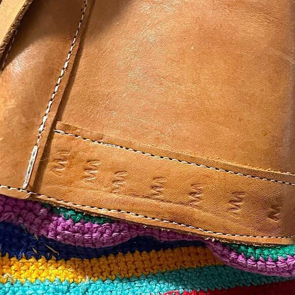 Vintage 90s Traditional Ethnic Leather Knit Drawstring Bucket Bag Multi Unisex - Picture 6 of 10